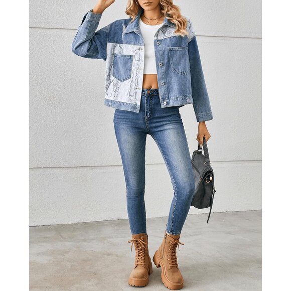 Women's Loose Button Down Cropped Denim Jacket Long Sleeves Cheetah Light Blue - Picture 2 of 6